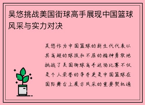 吴悠挑战美国街球高手展现中国篮球风采与实力对决